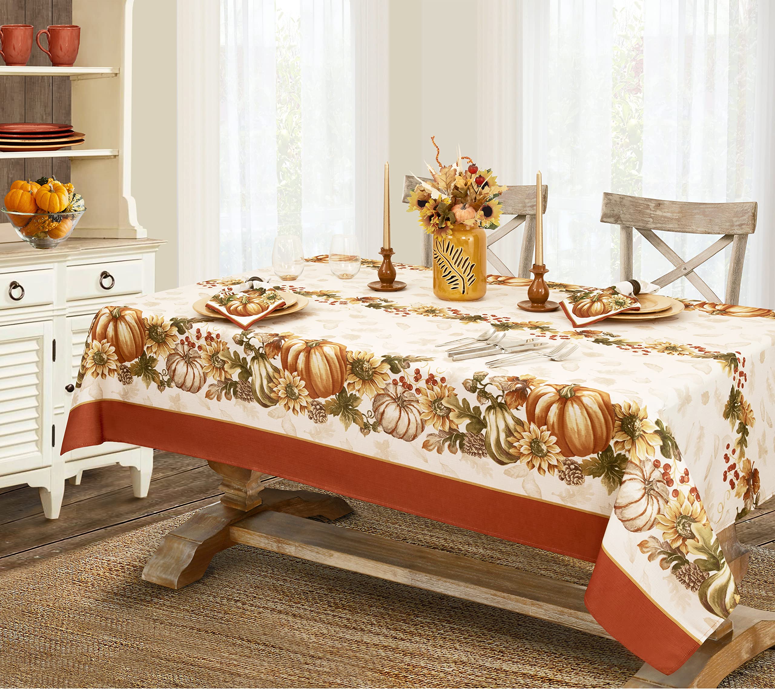 Newbridge Thanksgiving Brilliant Autumn Harvest Bordered Rectangle Fabric Tablecloth, 52 x 70 Inch, Fall Pumpkin and Sunflower Cottage Print Soil Resistant Table Cover for Holiday Party Dining - Image 3