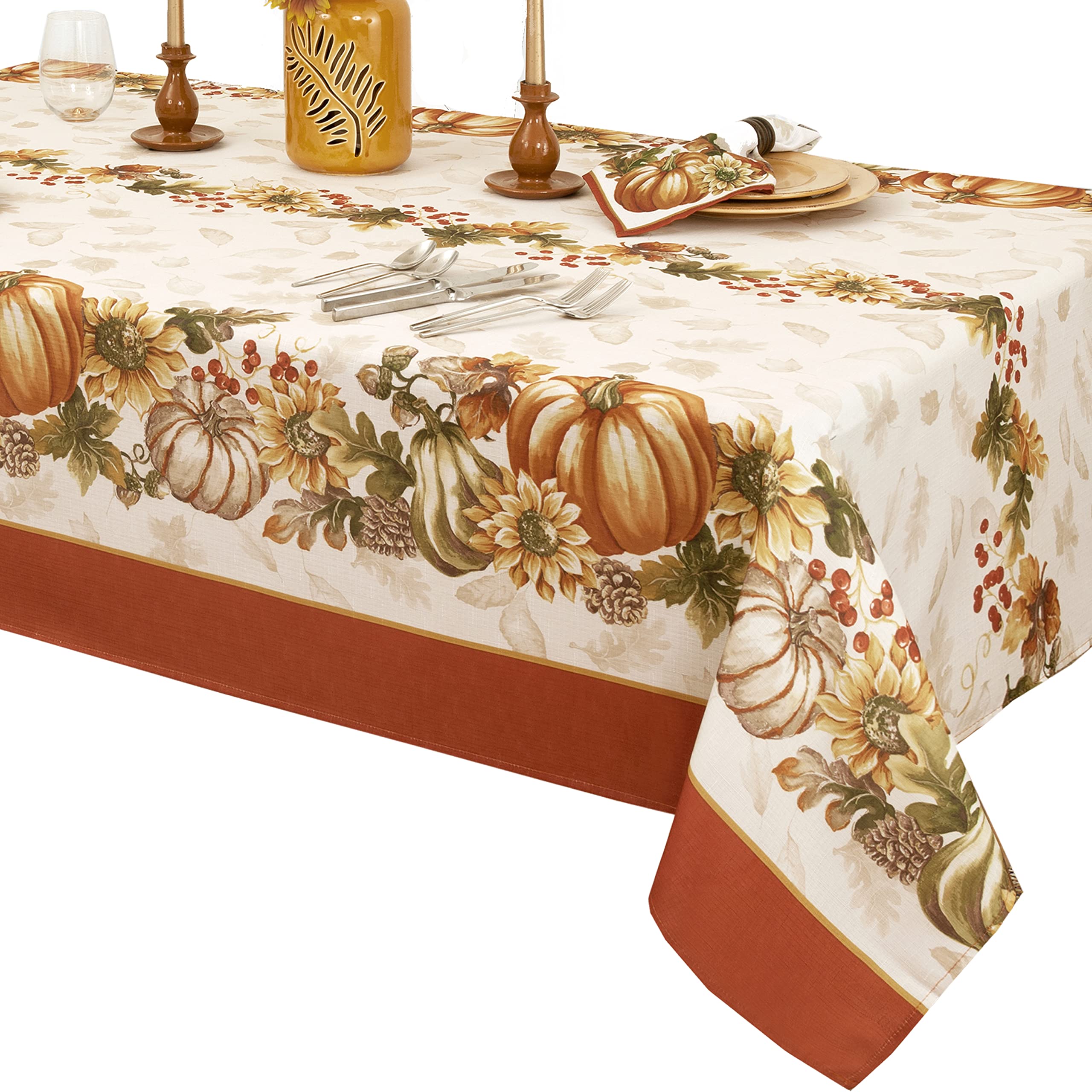 Newbridge Thanksgiving Brilliant Autumn Harvest Bordered Rectangle Fabric Tablecloth, 52 x 70 Inch, Fall Pumpkin and Sunflower Cottage Print Soil Resistant Table Cover for Holiday Party Dining - Image 7