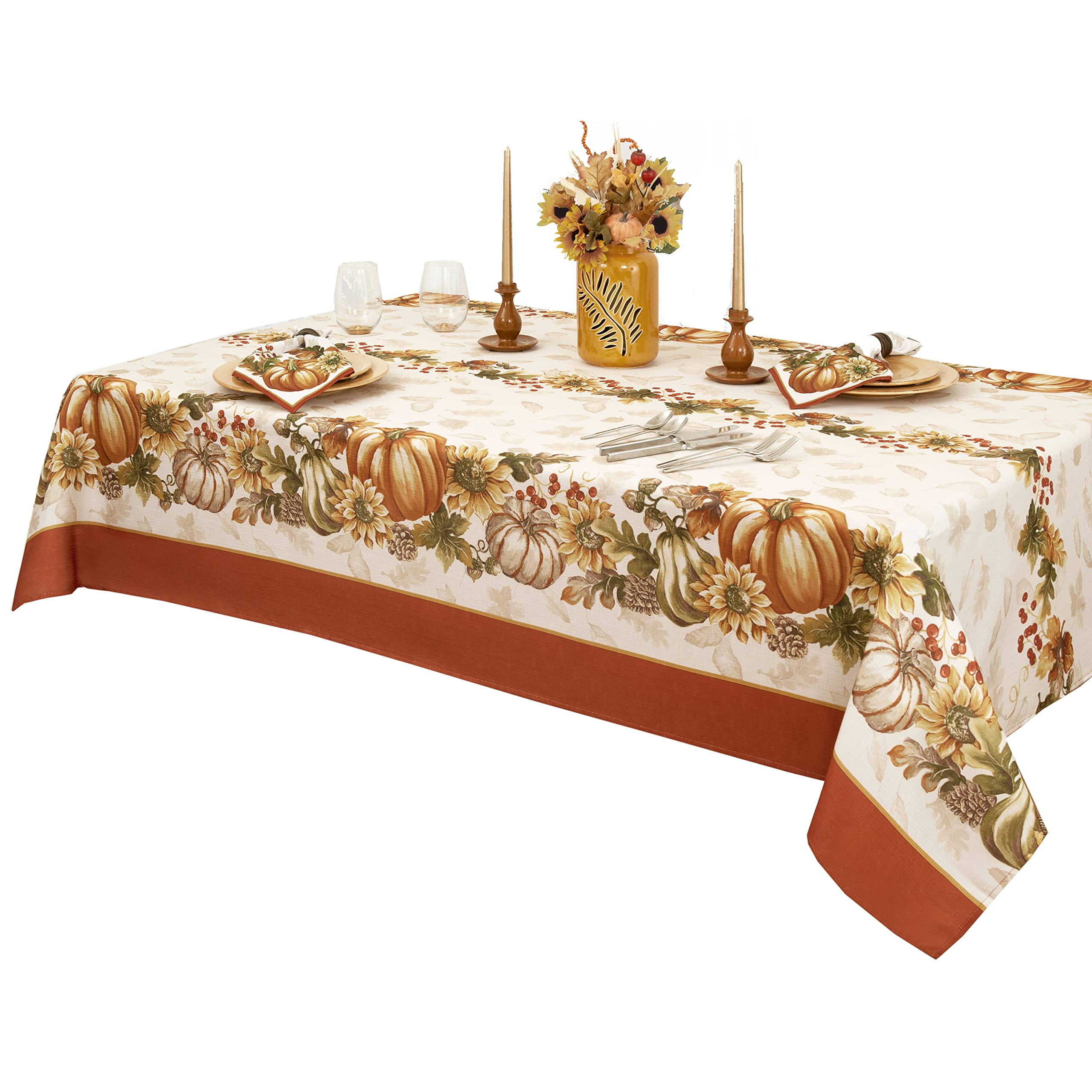 Newbridge Thanksgiving Brilliant Autumn Harvest Bordered Rectangle Fabric Tablecloth, 52 x 70 Inch, Fall Pumpkin and Sunflower Cottage Print Soil Resistant Table Cover for Holiday Party Dining - Image 8
