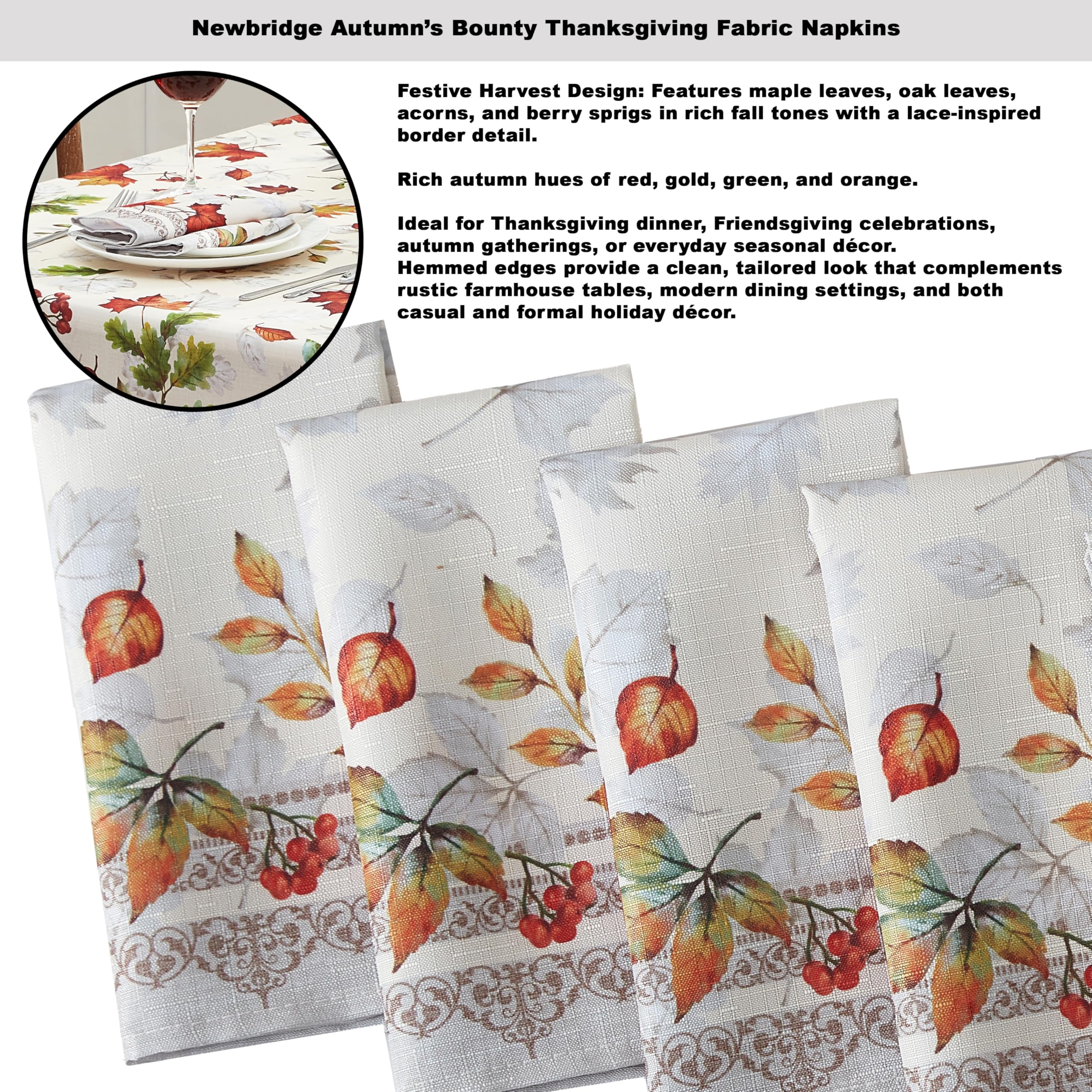 Newbridge Thanksgiving Fall Foliage Fabric Napkins, Set of 8, Bordered Changing Leaves, Autumn Essentials Easy Care Stain Resistant Wrinkle Free Cloth Napkins - Image 3