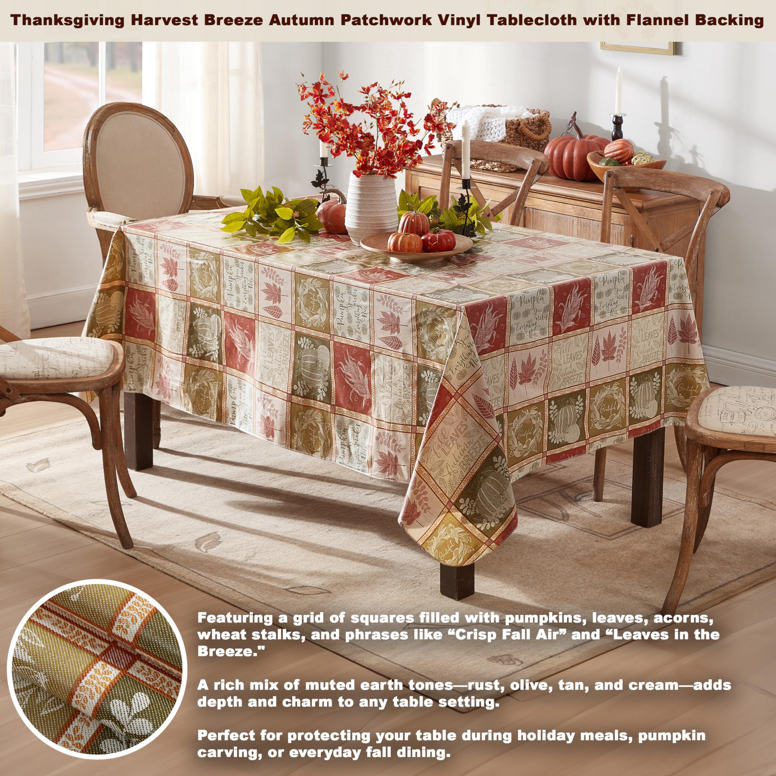 Newbridge Thanksgiving Harvest Breeze Autumn Patchwork Vinyl Flannel Backed Tablecloth Fall Rustic Country Print, Wipe Clean Kitchen Dining, 52 x 52 Inch Square - Image 3