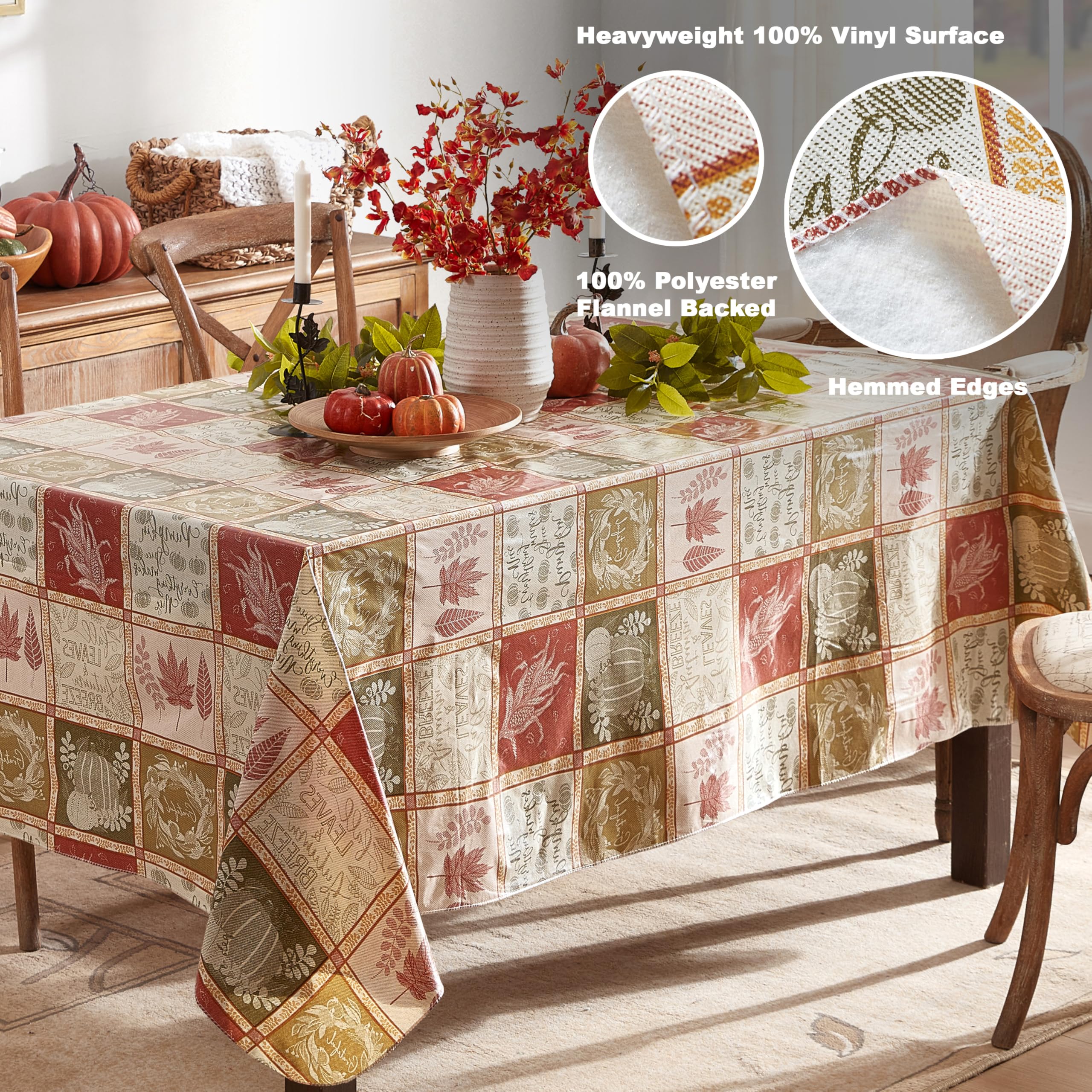 Newbridge Thanksgiving Harvest Breeze Autumn Patchwork Vinyl Flannel Backed Tablecloth Fall Rustic Country Print, Wipe Clean Kitchen Dining, 52 x 52 Inch Square - Image 5