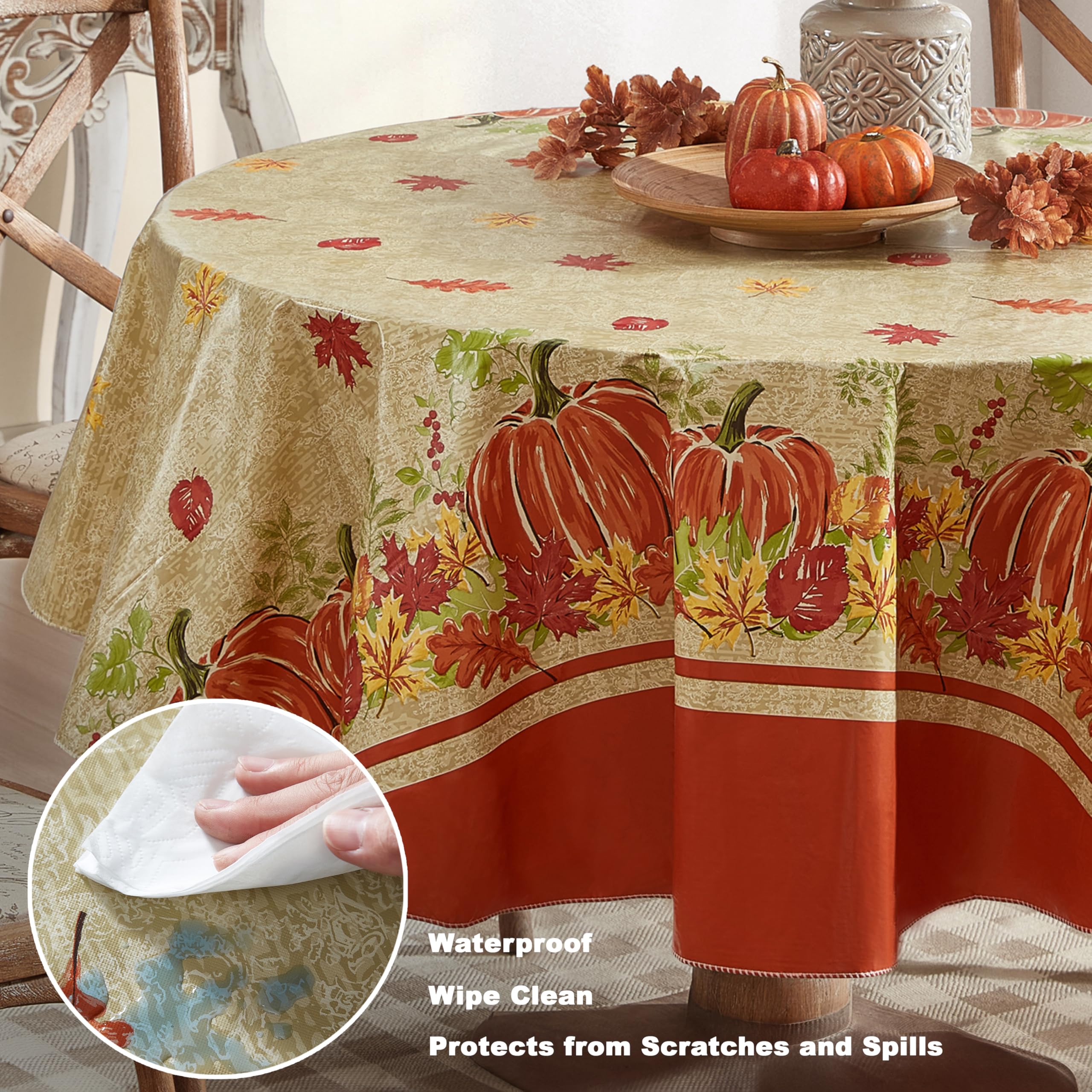 Newbridge Thanksgiving Pumpkin Border Print Vinyl Tablecloth with Flannel Backing, 70 Inch Round, Wipe Clean Fall Harvest Table Cover - Image 3