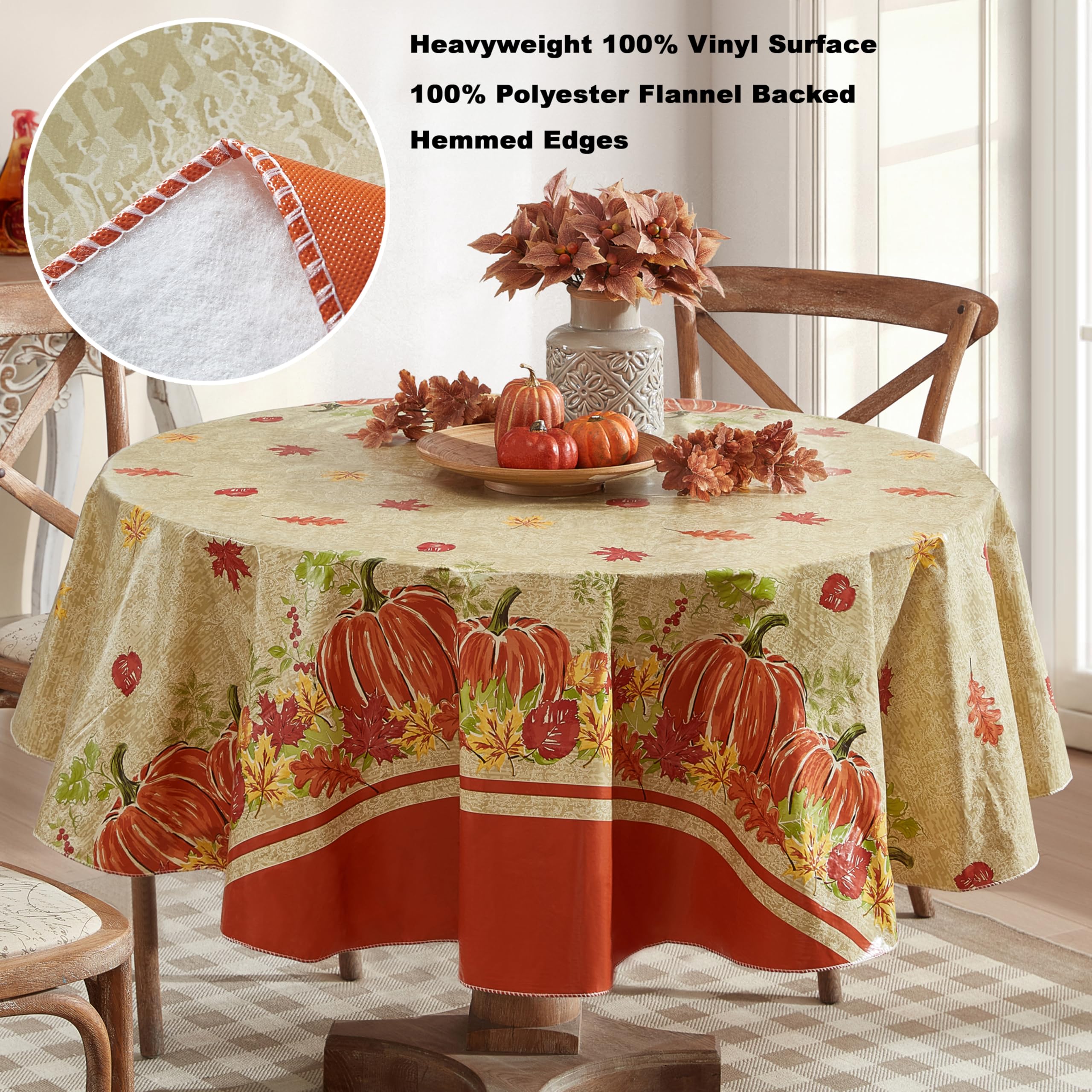 Newbridge Thanksgiving Pumpkin Border Print Vinyl Tablecloth with Flannel Backing, 70 Inch Round, Wipe Clean Fall Harvest Table Cover - Image 4