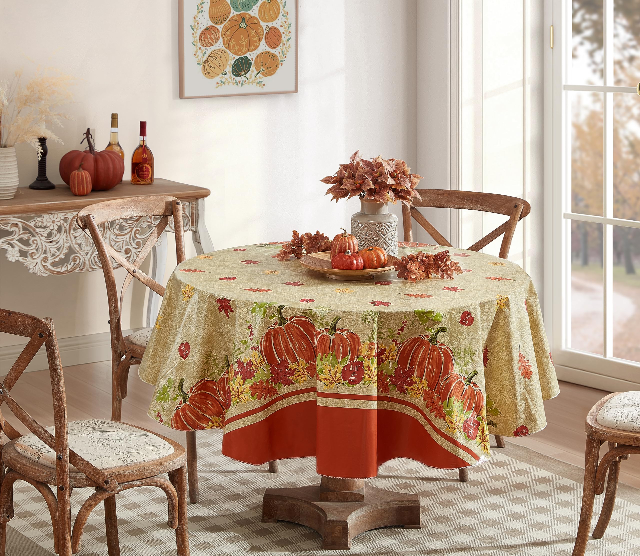 Newbridge Thanksgiving Pumpkin Border Print Vinyl Tablecloth with Flannel Backing, 70 Inch Round, Wipe Clean Fall Harvest Table Cover - Image 5