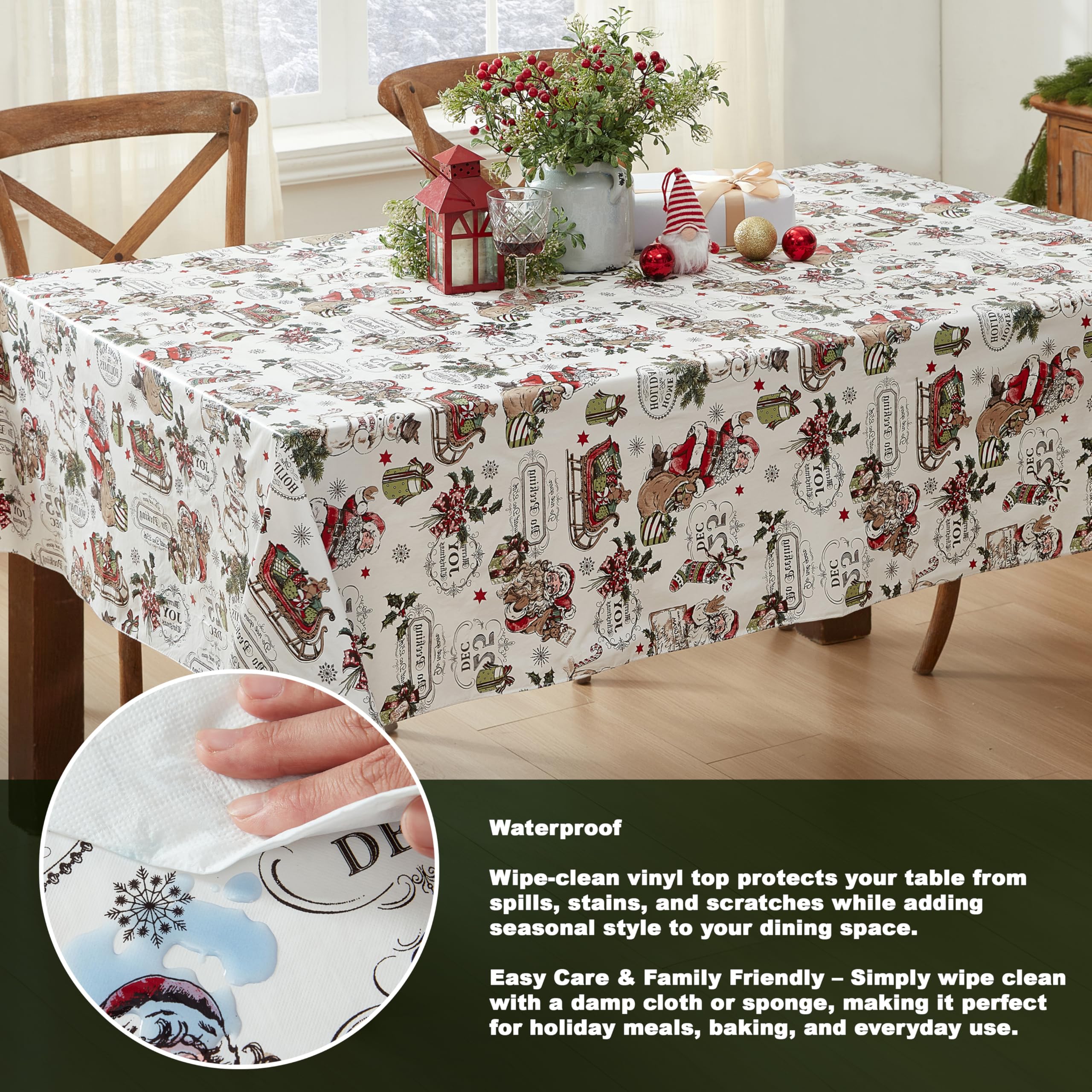 Newbridge Vintage Nostalgia Christmas 52 x 52 Inch Square Vinyl Tablecloth with Flannel Backing – Retro Santa Claus, Snowman & Sleigh Holiday Print Easy-Care Wipe Clean Table Cover - Image 3