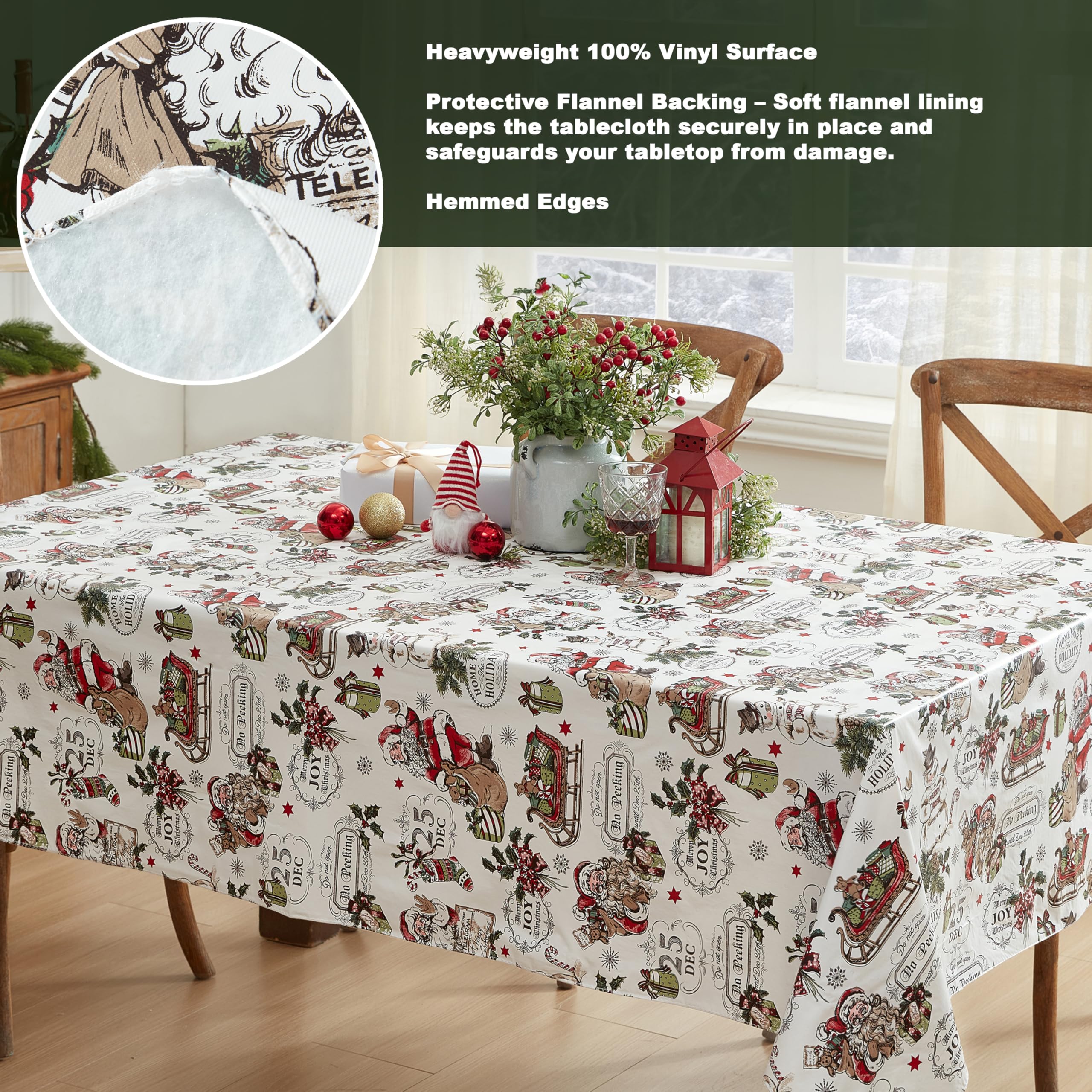 Newbridge Vintage Nostalgia Christmas 52 x 52 Inch Square Vinyl Tablecloth with Flannel Backing – Retro Santa Claus, Snowman & Sleigh Holiday Print Easy-Care Wipe Clean Table Cover - Image 4