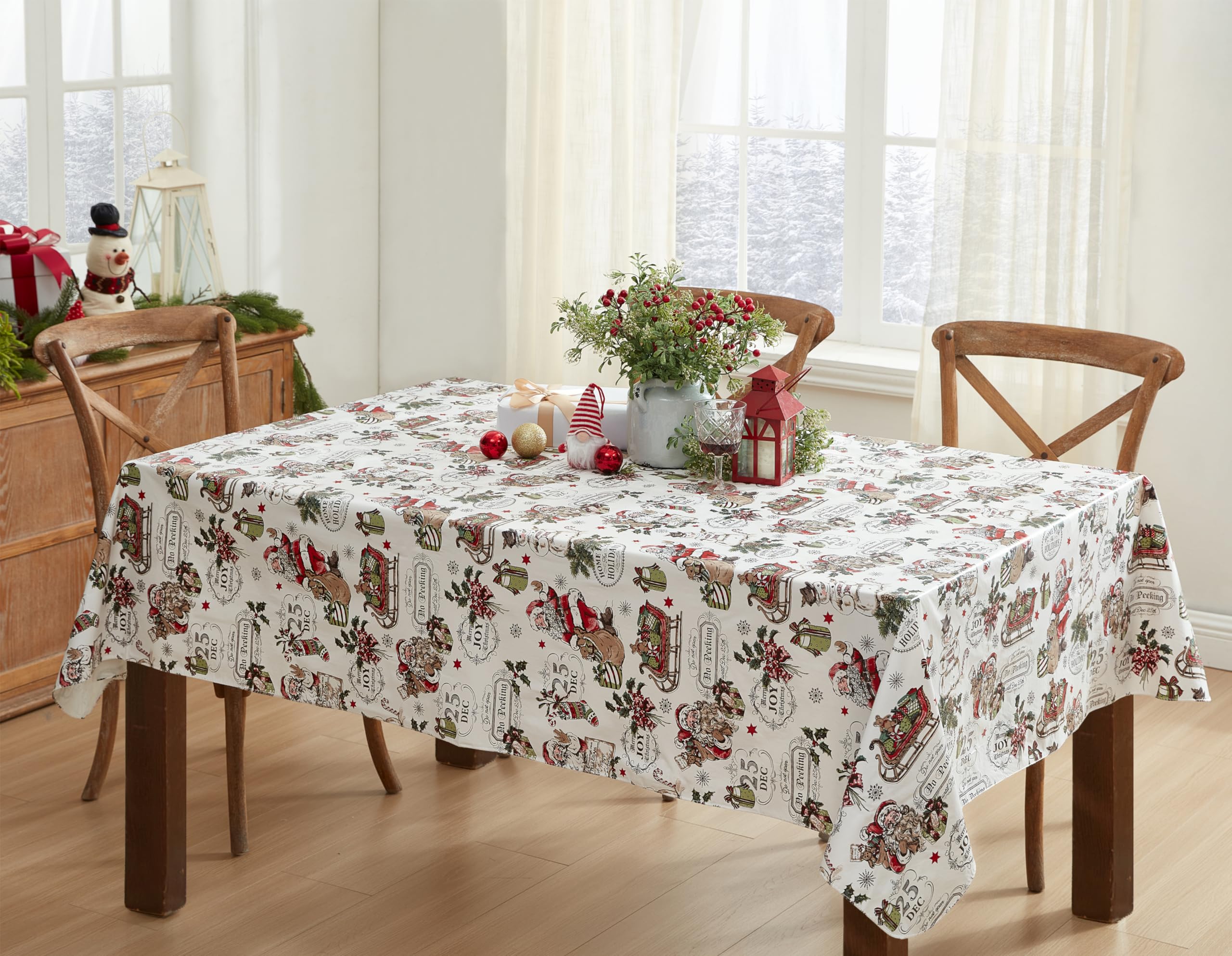 Newbridge Vintage Nostalgia Christmas 52 x 52 Inch Square Vinyl Tablecloth with Flannel Backing – Retro Santa Claus, Snowman & Sleigh Holiday Print Easy-Care Wipe Clean Table Cover - Image 5