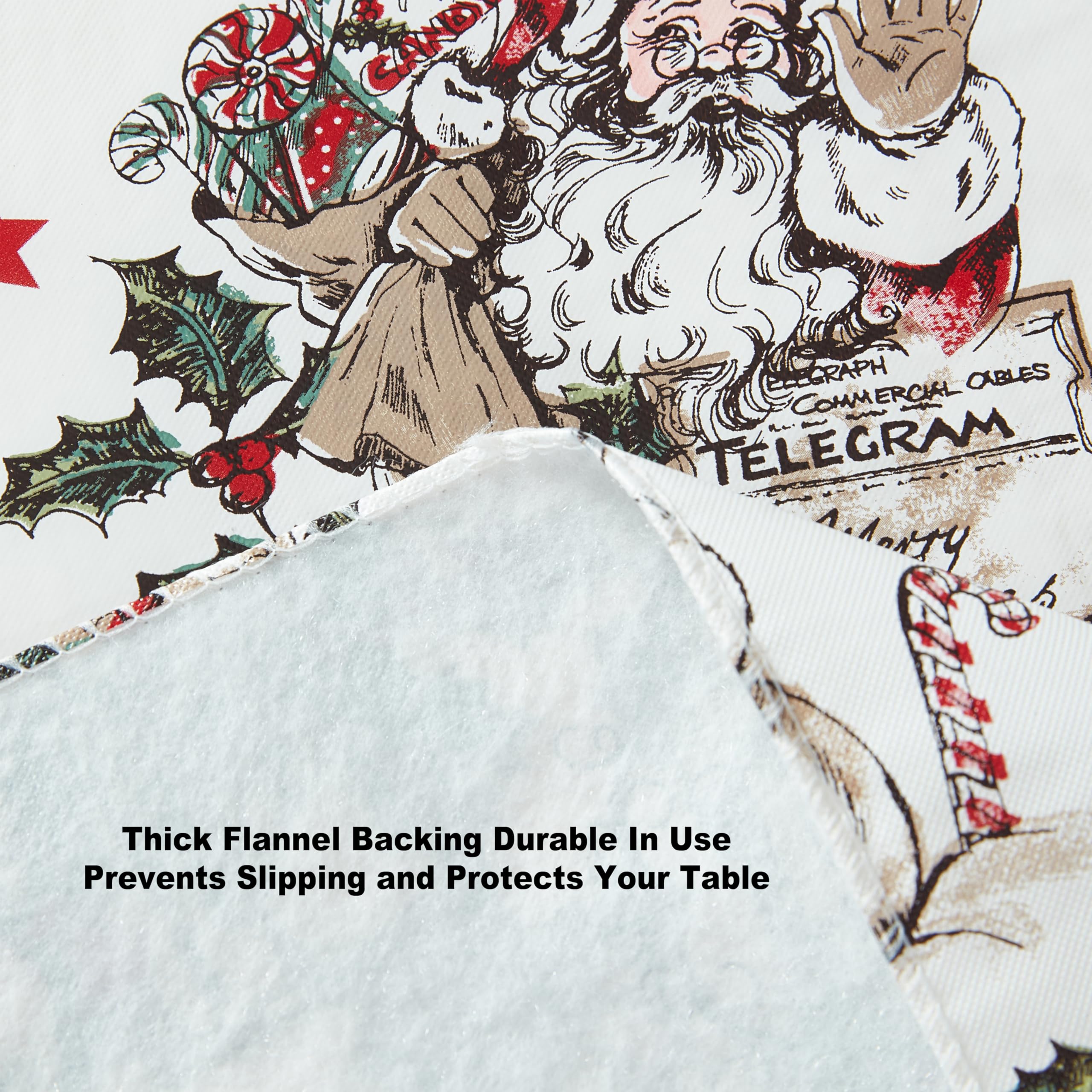 Newbridge Vintage Nostalgia Christmas 52 x 52 Inch Square Vinyl Tablecloth with Flannel Backing – Retro Santa Claus, Snowman & Sleigh Holiday Print Easy-Care Wipe Clean Table Cover - Image 6