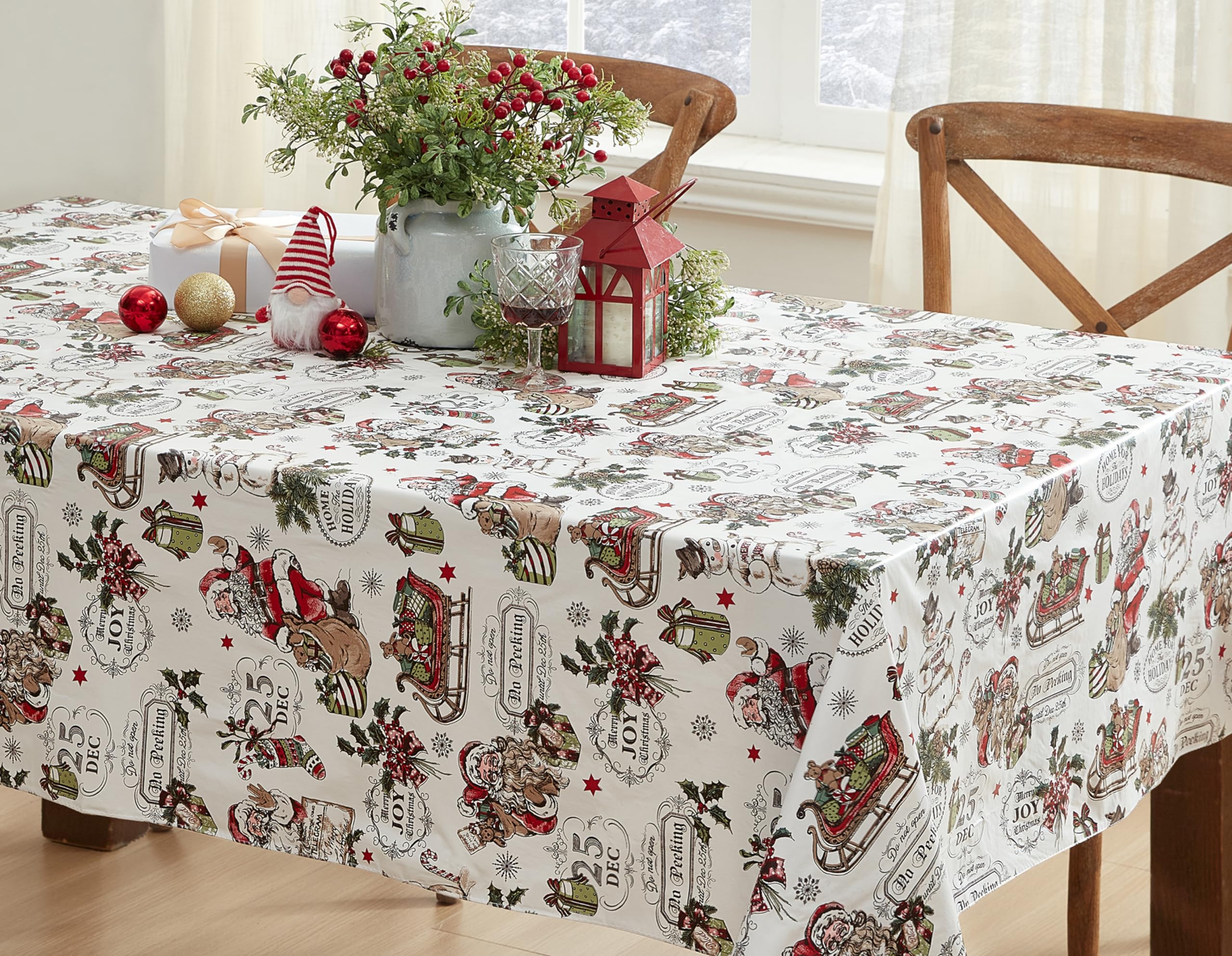 Newbridge Vintage Nostalgia Christmas 52 x 52 Inch Square Vinyl Tablecloth with Flannel Backing – Retro Santa Claus, Snowman & Sleigh Holiday Print Easy-Care Wipe Clean Table Cover - Image 8