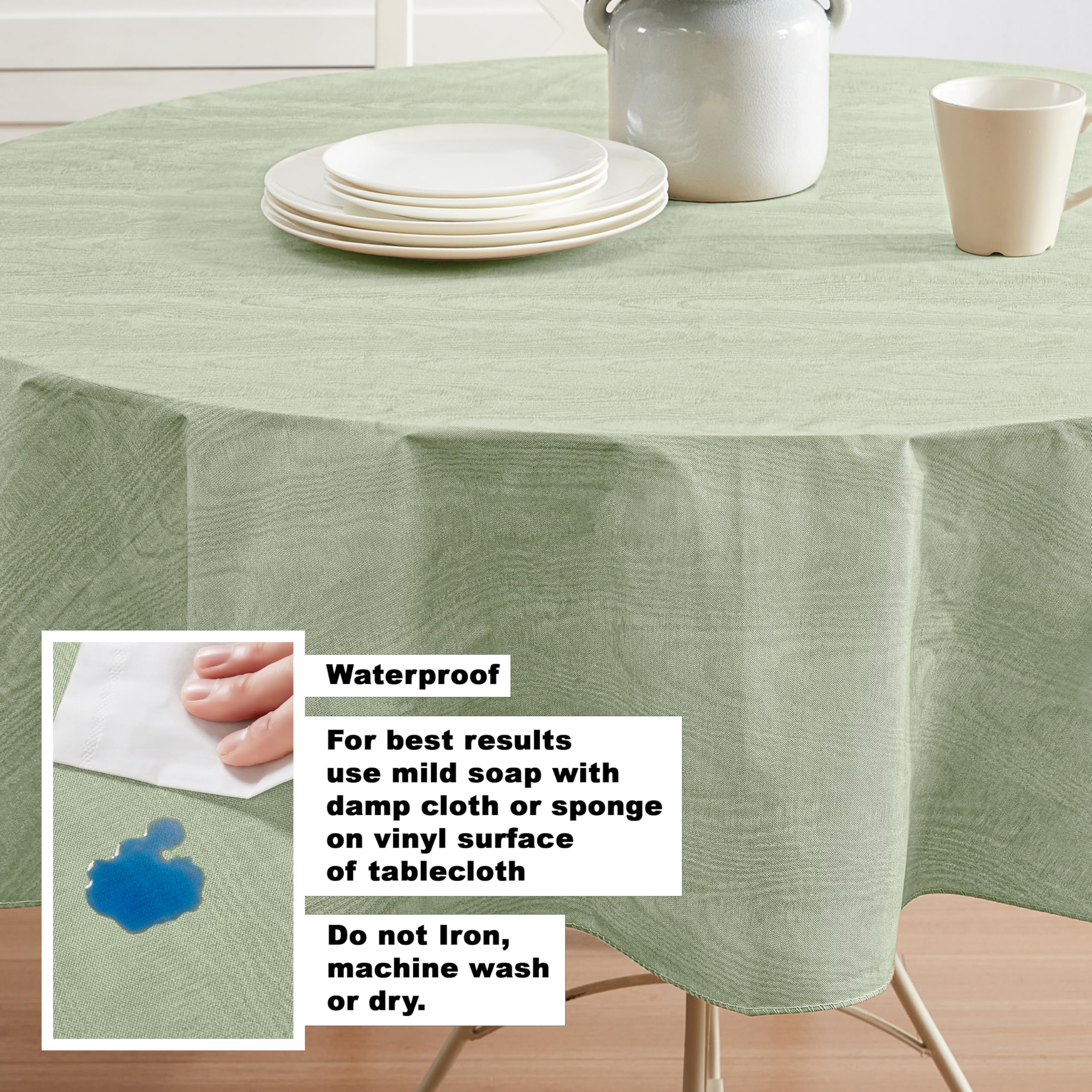 Newbridge Vinyl Flannel Backed Tablecloth, 70 inch Zippered Umbrella Round, Sage Green Moire Wavy Solid Design, Heavyweight Indoor Outdoor Waterproof Table Cover, Easy Care Wipe Clean - Image 3