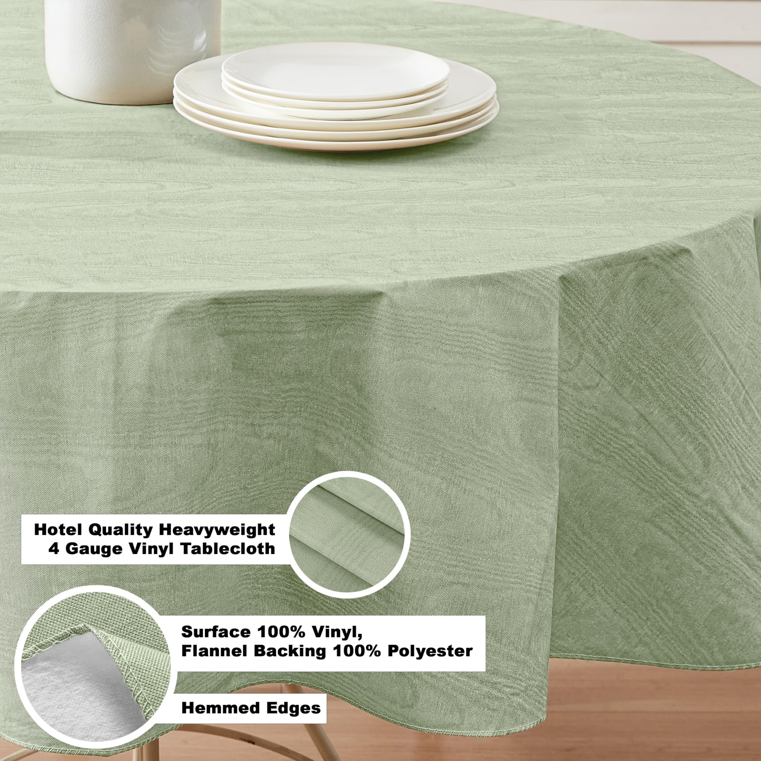Newbridge Vinyl Flannel Backed Tablecloth, 70 inch Zippered Umbrella Round, Sage Green Moire Wavy Solid Design, Heavyweight Indoor Outdoor Waterproof Table Cover, Easy Care Wipe Clean - Image 4