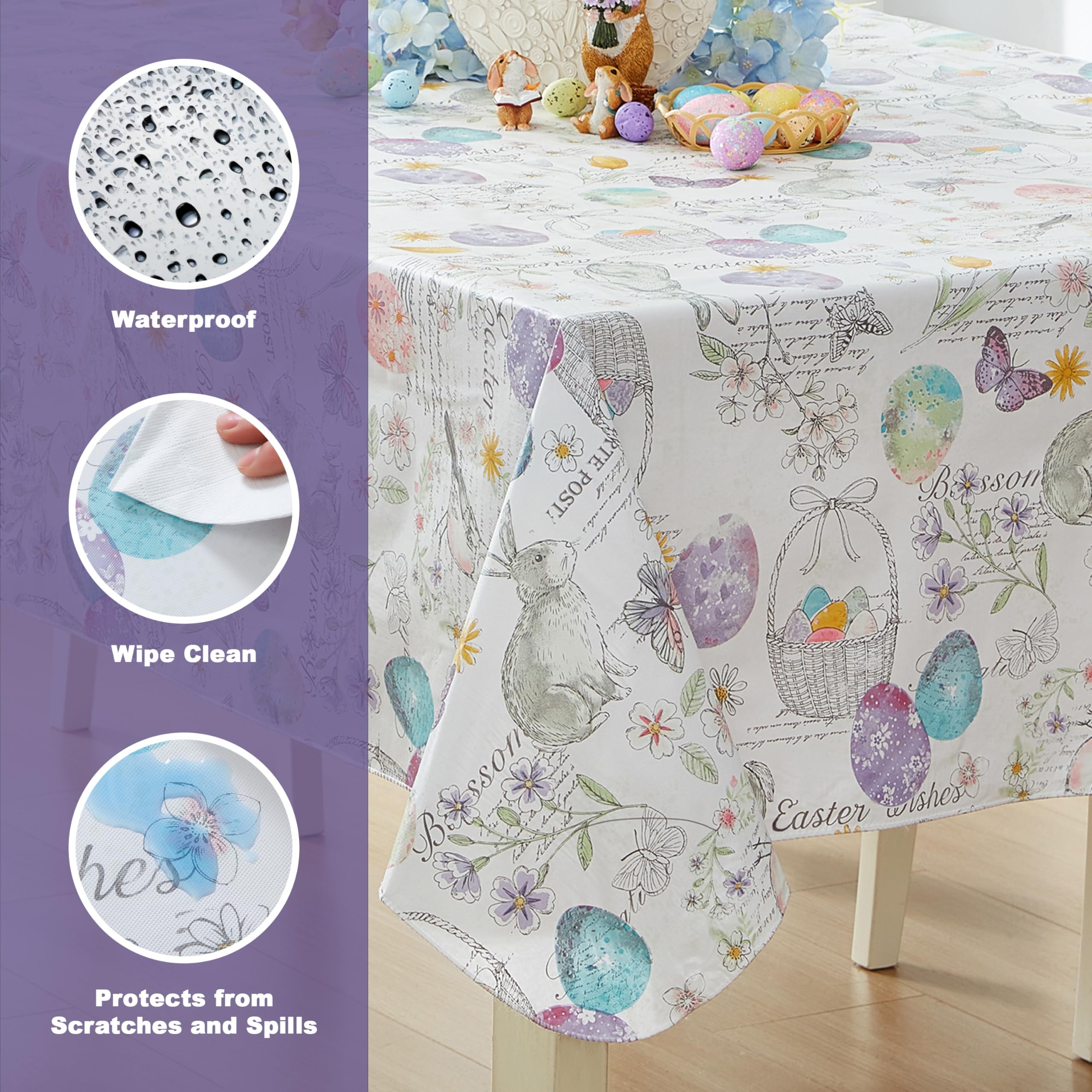 Newbridge Vinyl Square Tablecloth with Flannel Backing, 52 x 52 Inch, Bunny Blossom Flannel Backed Table Cloth, Egg Basket Floral - Image 3