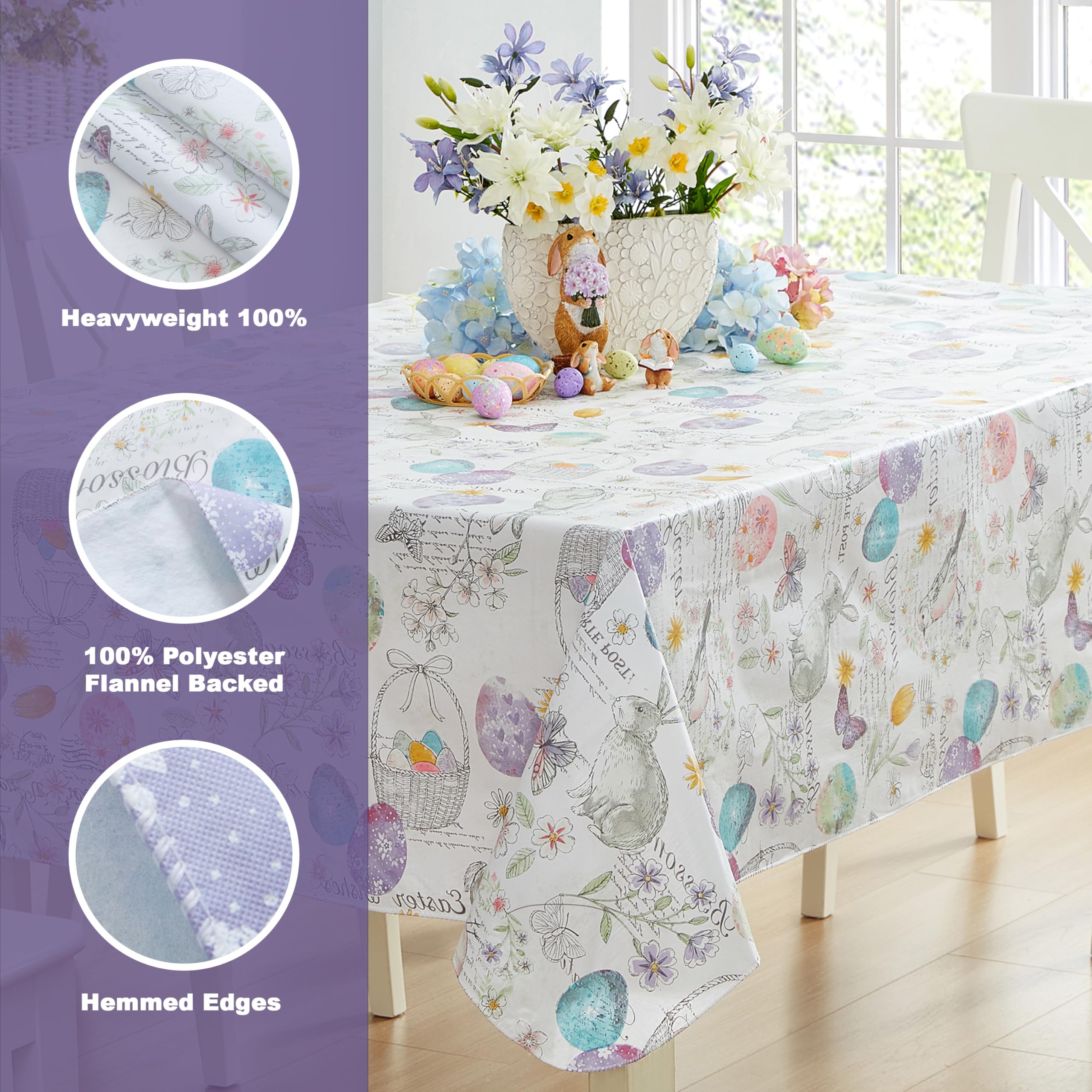 Newbridge Vinyl Square Tablecloth with Flannel Backing, 52 x 52 Inch, Bunny Blossom Flannel Backed Table Cloth, Egg Basket Floral - Image 4