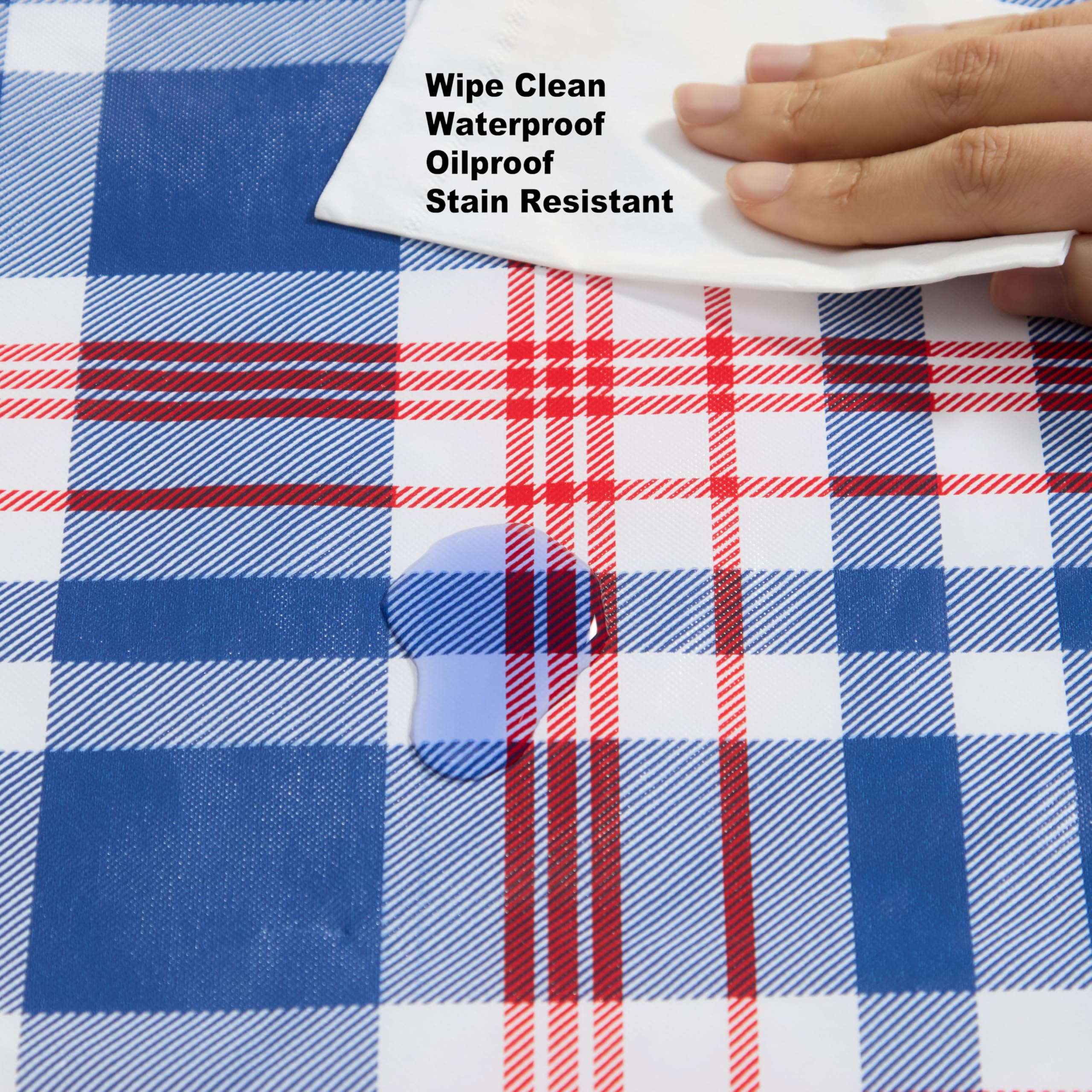 Newbridge West End Blue Plaid Vinyl Flannel Backed Tablecloth, 52 x 70 Inch Rectangle, Classic Navy Red and White Check Print Wipe Clean Indoor Outdoor Table Cover - Image 3