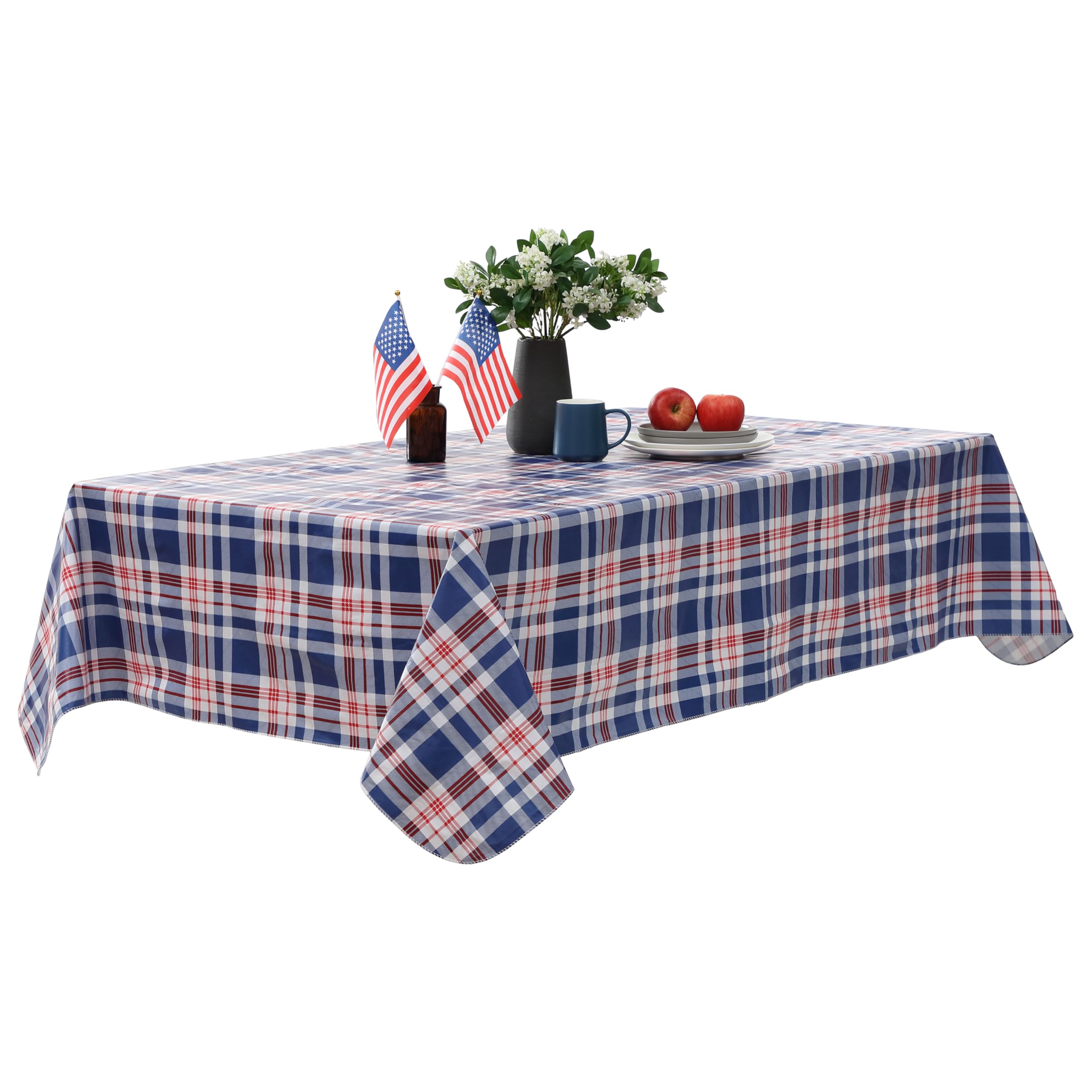 Newbridge West End Blue Plaid Vinyl Flannel Backed Tablecloth, 52 x 70 Inch Rectangle, Classic Navy Red and White Check Print Wipe Clean Indoor Outdoor Table Cover - Image 4