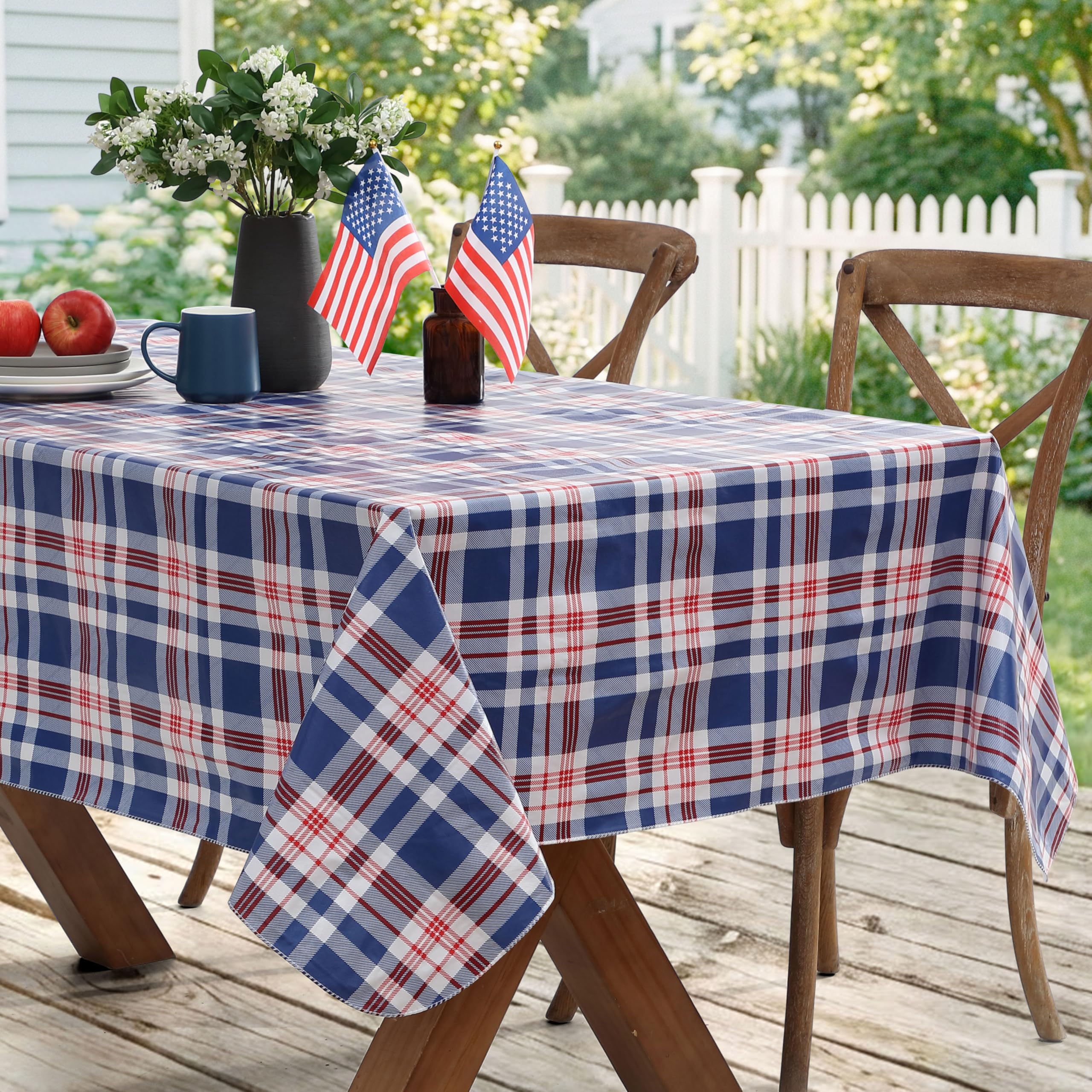 Newbridge West End Blue Plaid Vinyl Flannel Backed Tablecloth, 52 x 70 Inch Rectangle, Classic Navy Red and White Check Print Wipe Clean Indoor Outdoor Table Cover - Image 6